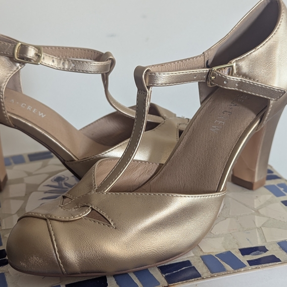 Chelsea Crew Metallic Gold T-Strap Heels - Picture 1 of 6